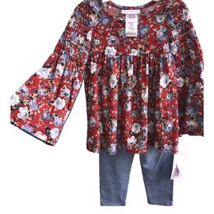 KIDS Girls BNWT Bonnie Jean Size: 2/2T Red Blue Flowered Top with Blue L…